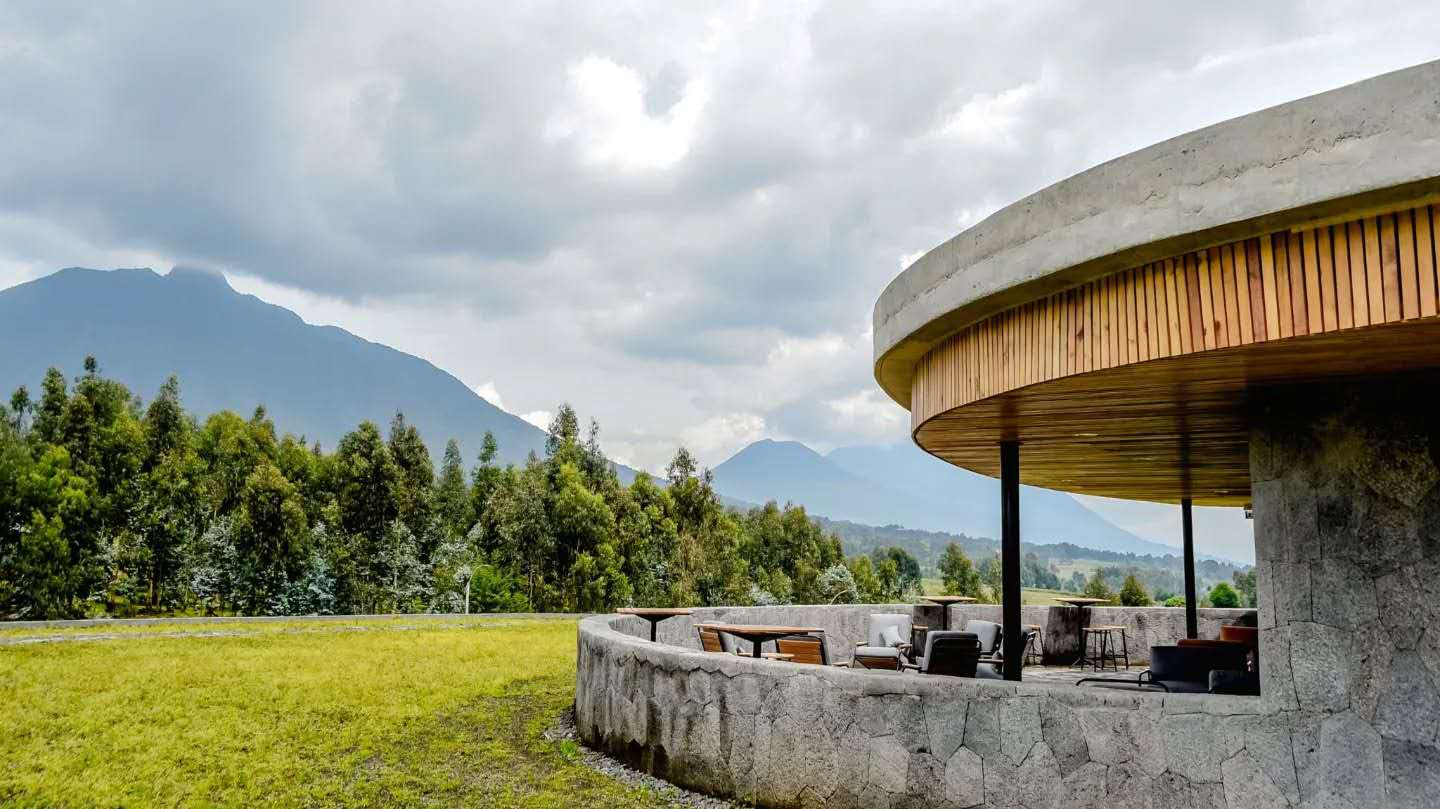Lodge deck overlooking the Virunga volcanoes, Rwanda