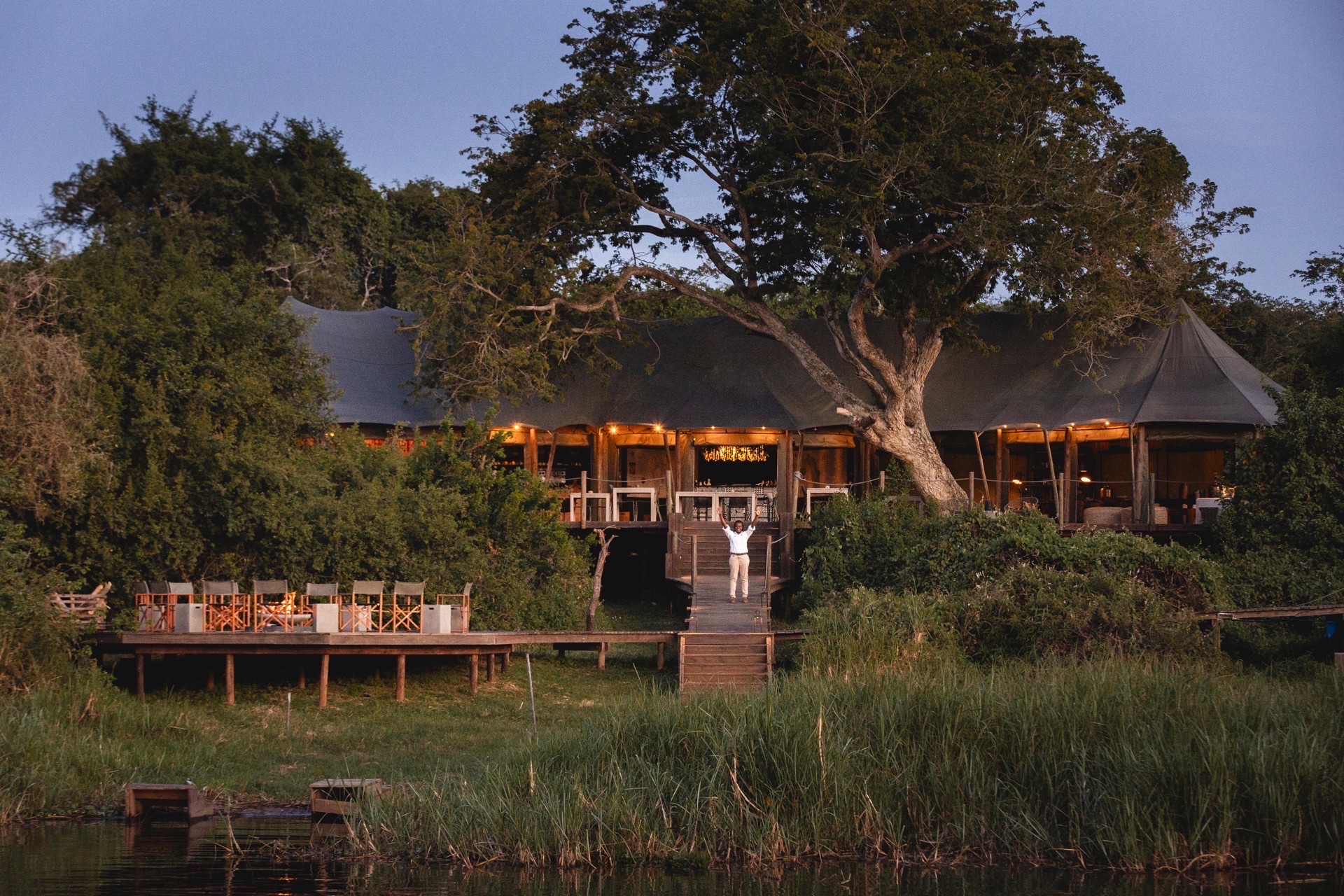 Eco-lodge at dusk in Akagera National Park, Rwanda